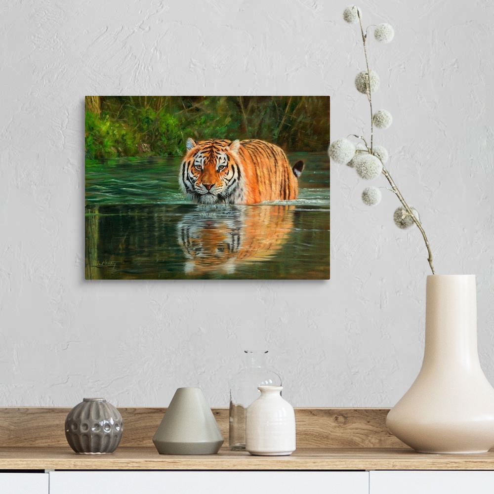 A farmhouse room featuring Contemporary painting of a Siberian tiger wading through water.