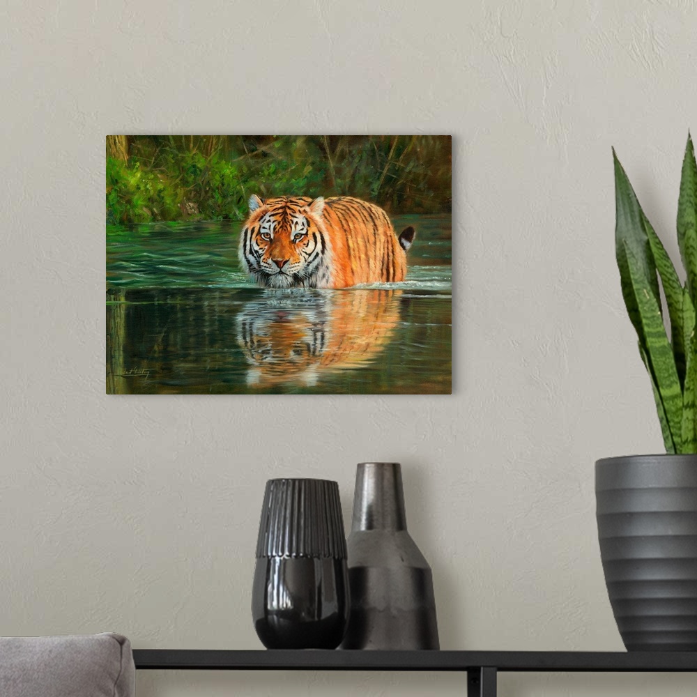 A modern room featuring Contemporary painting of a Siberian tiger wading through water.