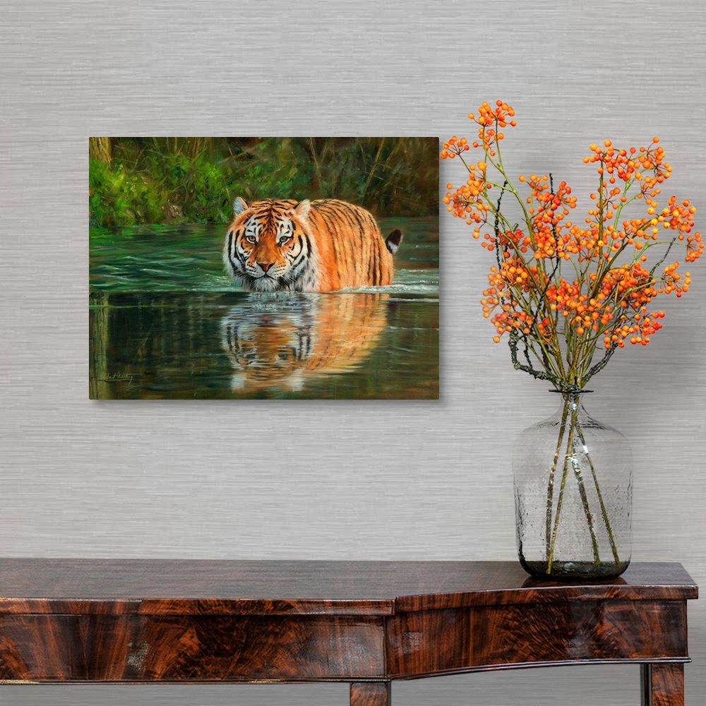 A traditional room featuring Contemporary painting of a Siberian tiger wading through water.