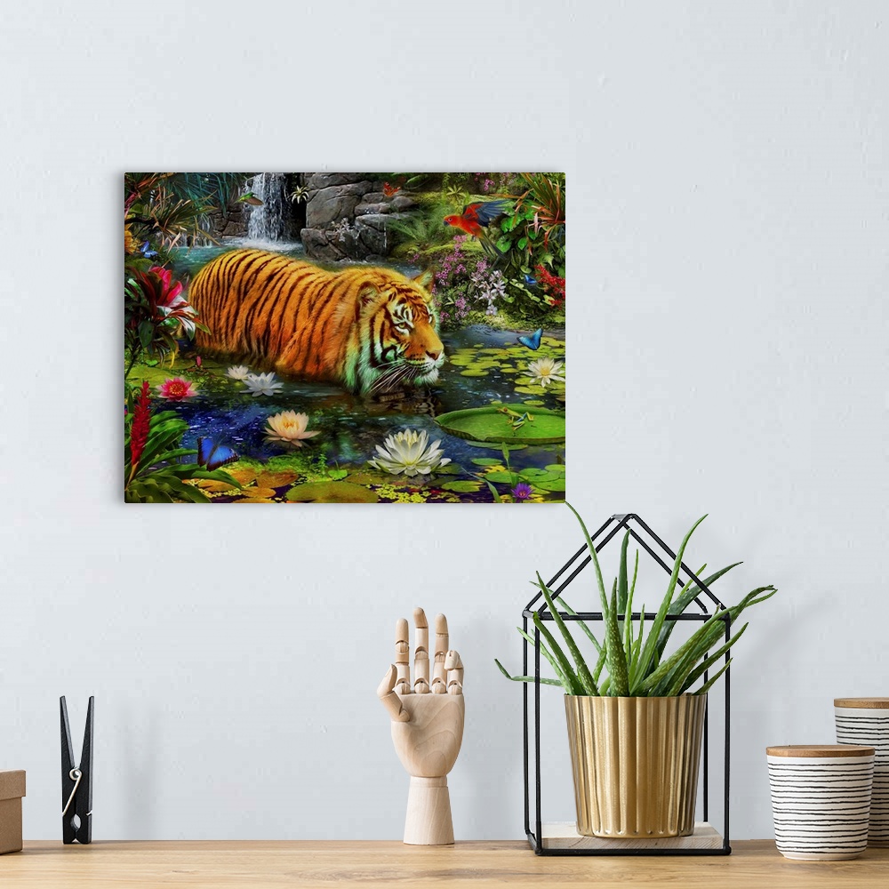 A bohemian room featuring Whimsy illustration of a tiger walking through water full of flowers and lily pads, with a waterf...