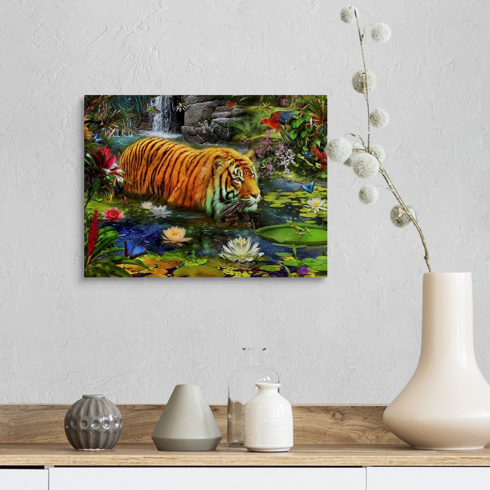 A farmhouse room featuring Whimsy illustration of a tiger walking through water full of flowers and lily pads, with a waterf...