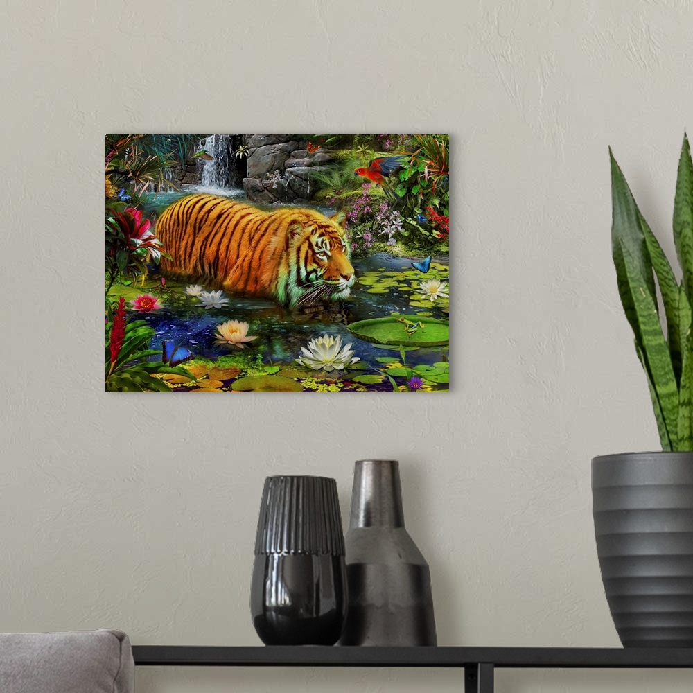 A modern room featuring Whimsy illustration of a tiger walking through water full of flowers and lily pads, with a waterf...