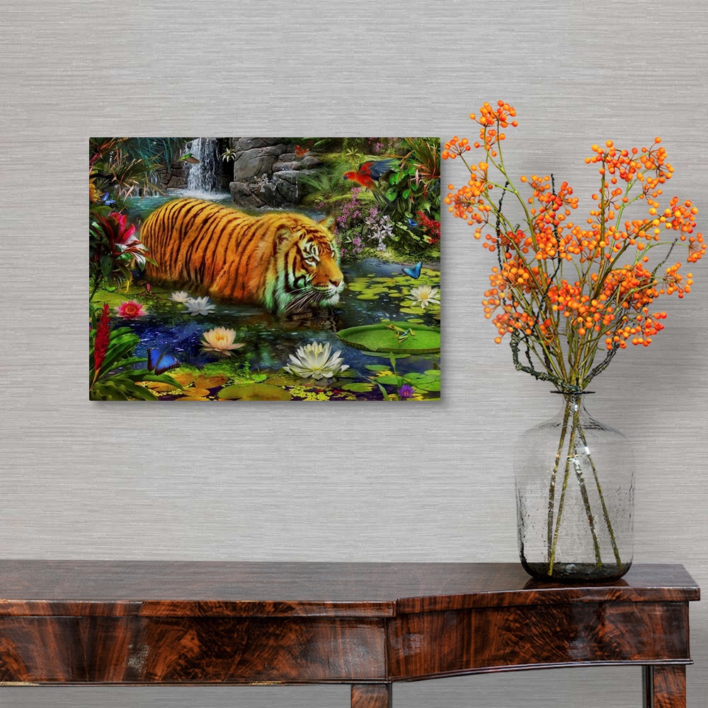 A traditional room featuring Whimsy illustration of a tiger walking through water full of flowers and lily pads, with a waterf...