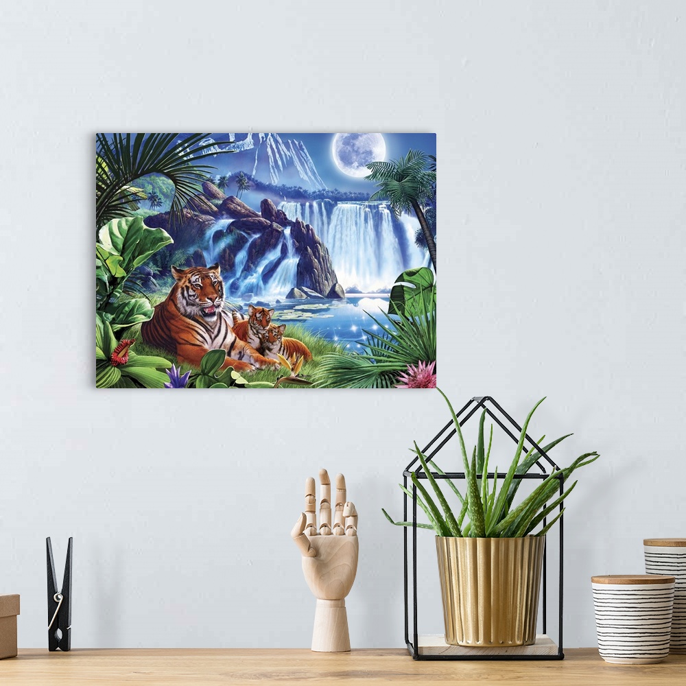 A bohemian room featuring Tiger and two cubs by a waterfall in the moonlight