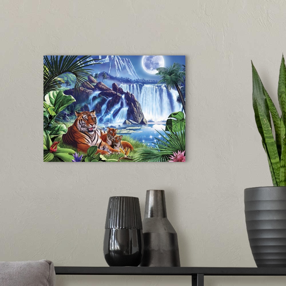 A modern room featuring Tiger and two cubs by a waterfall in the moonlight