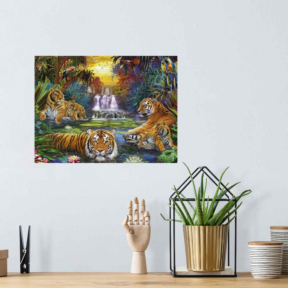 A bohemian room featuring Detailed painting on canvas of tigers sitting on rocks and bathing in a river in the jungle with ...