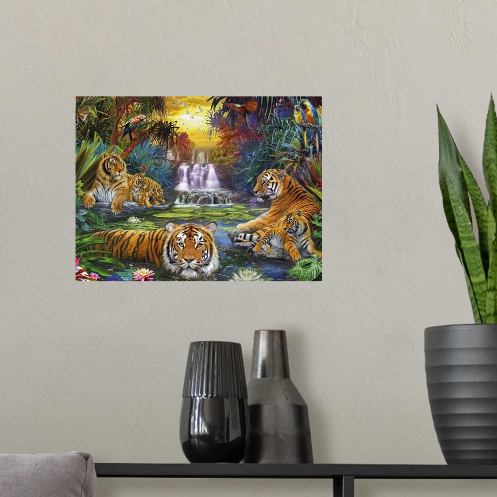 A modern room featuring Detailed painting on canvas of tigers sitting on rocks and bathing in a river in the jungle with ...
