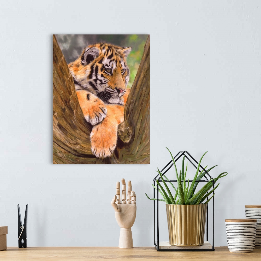 A bohemian room featuring Amur Tiger cub resting in crook of tree. Oil on canvas
