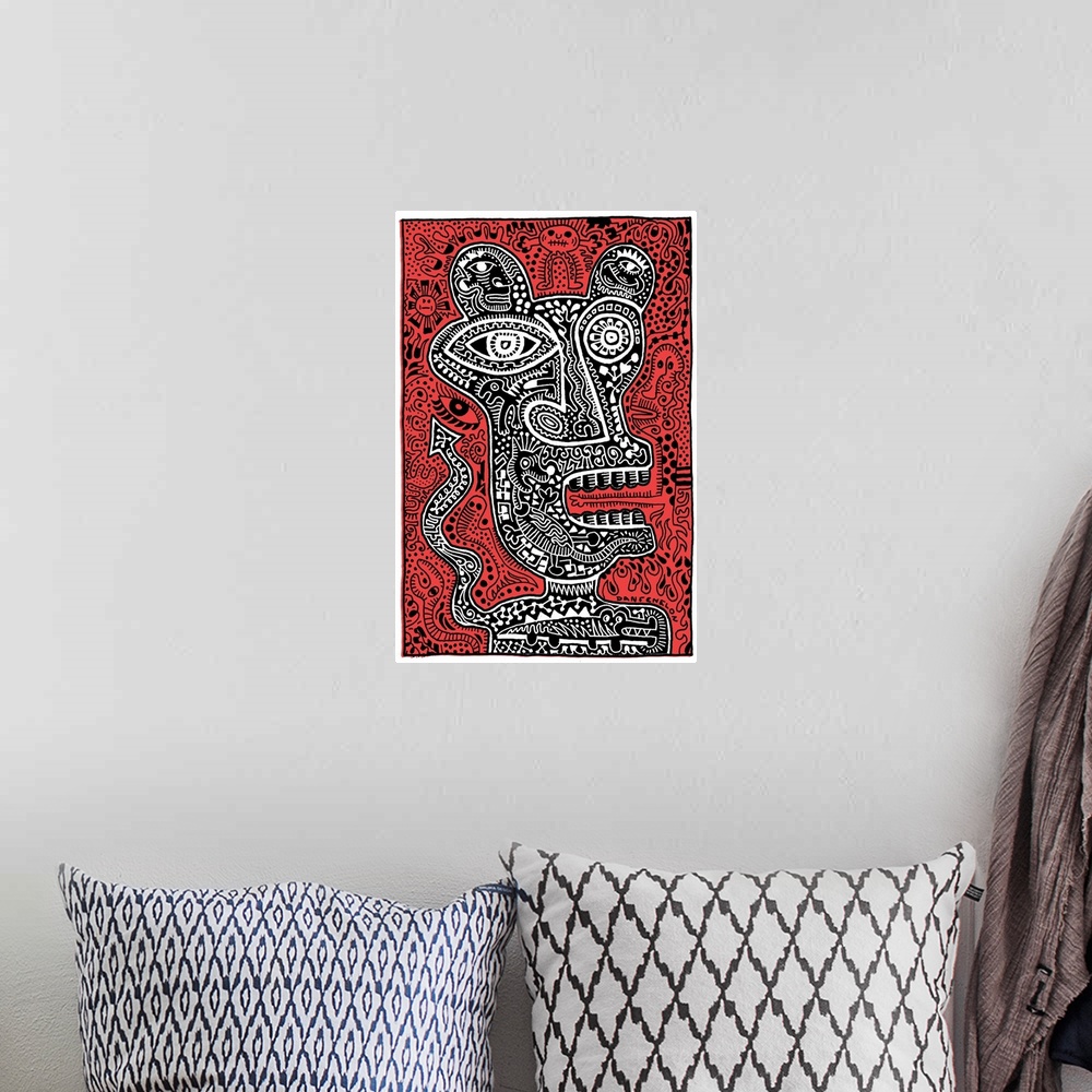 A bohemian room featuring Contemporary abstract artwork of a monster head with intricate and detailed patterns, against a r...
