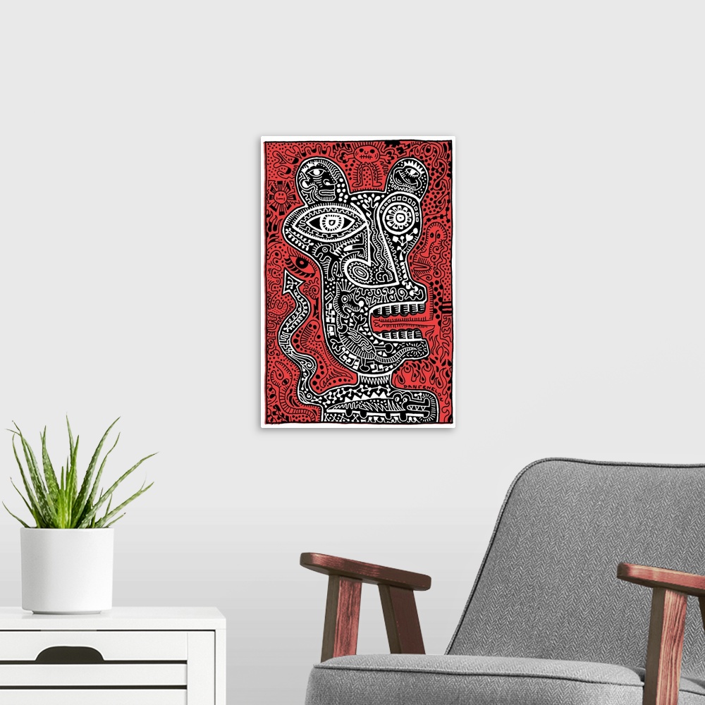 A modern room featuring Contemporary abstract artwork of a monster head with intricate and detailed patterns, against a r...
