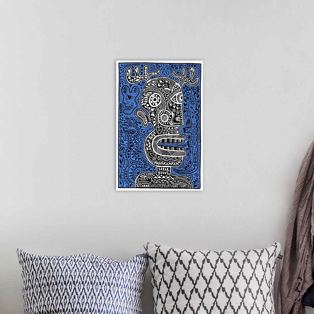 A bohemian room featuring Contemporary abstract artwork of a monster head with intricate and detailed patterns, against a b...