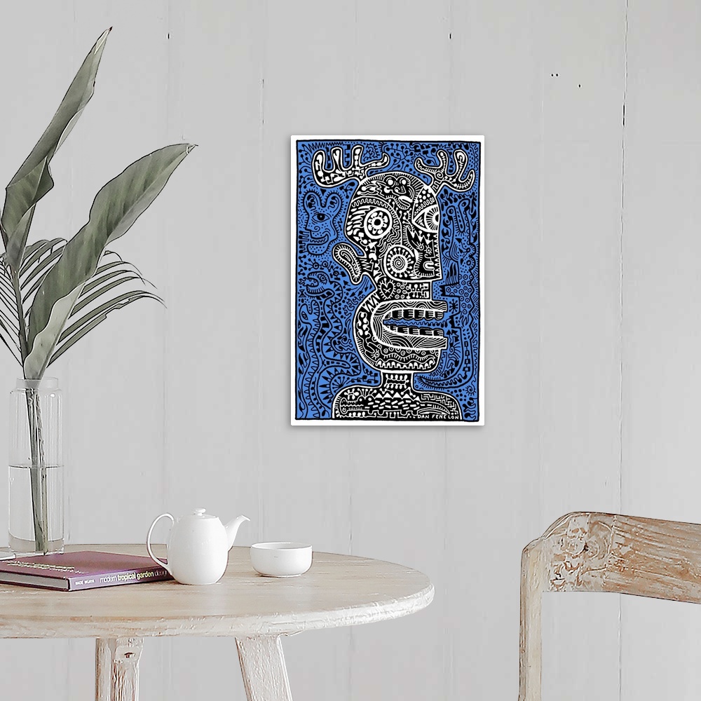 A farmhouse room featuring Contemporary abstract artwork of a monster head with intricate and detailed patterns, against a b...