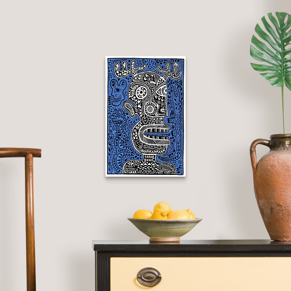 A traditional room featuring Contemporary abstract artwork of a monster head with intricate and detailed patterns, against a b...