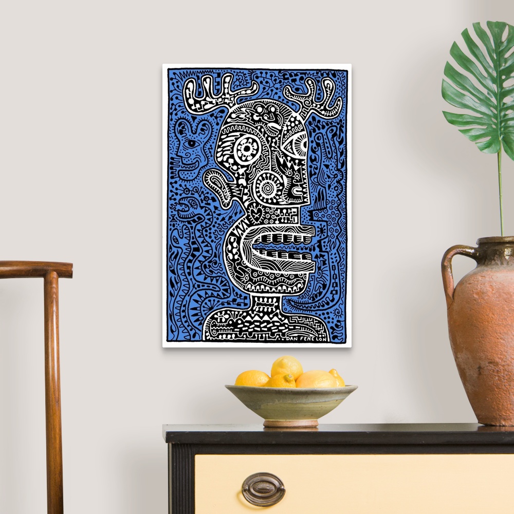 A traditional room featuring Contemporary abstract artwork of a monster head with intricate and detailed patterns, against a b...