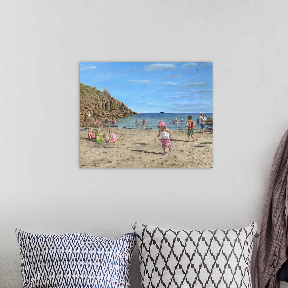 A bohemian room featuring Contemporary artwork of children playing on the beach.