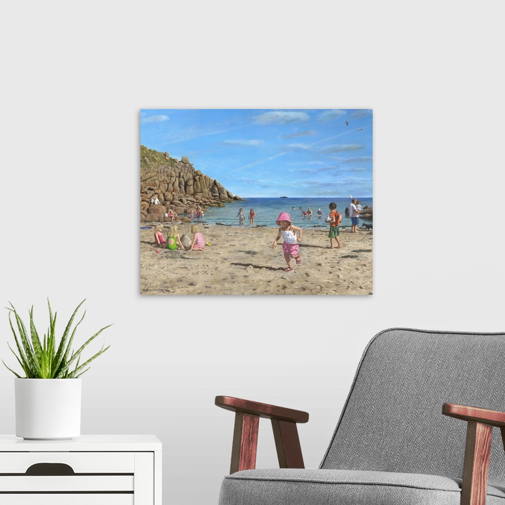 A modern room featuring Contemporary artwork of children playing on the beach.