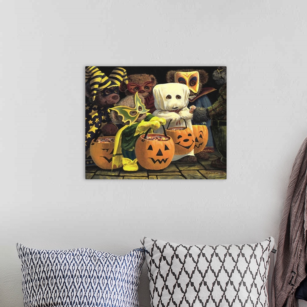 A bohemian room featuring Little teddy bears wearing Halloween costumes and holding bags of candy.