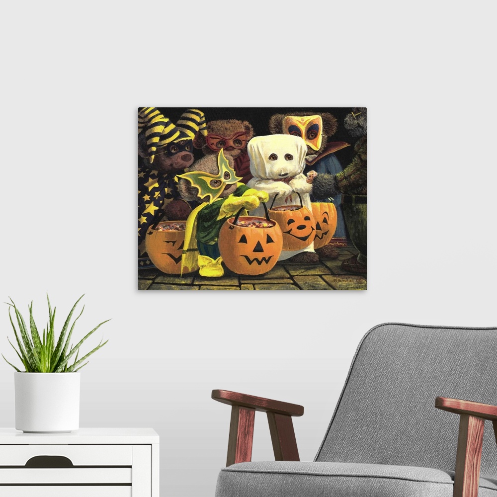 A modern room featuring Little teddy bears wearing Halloween costumes and holding bags of candy.