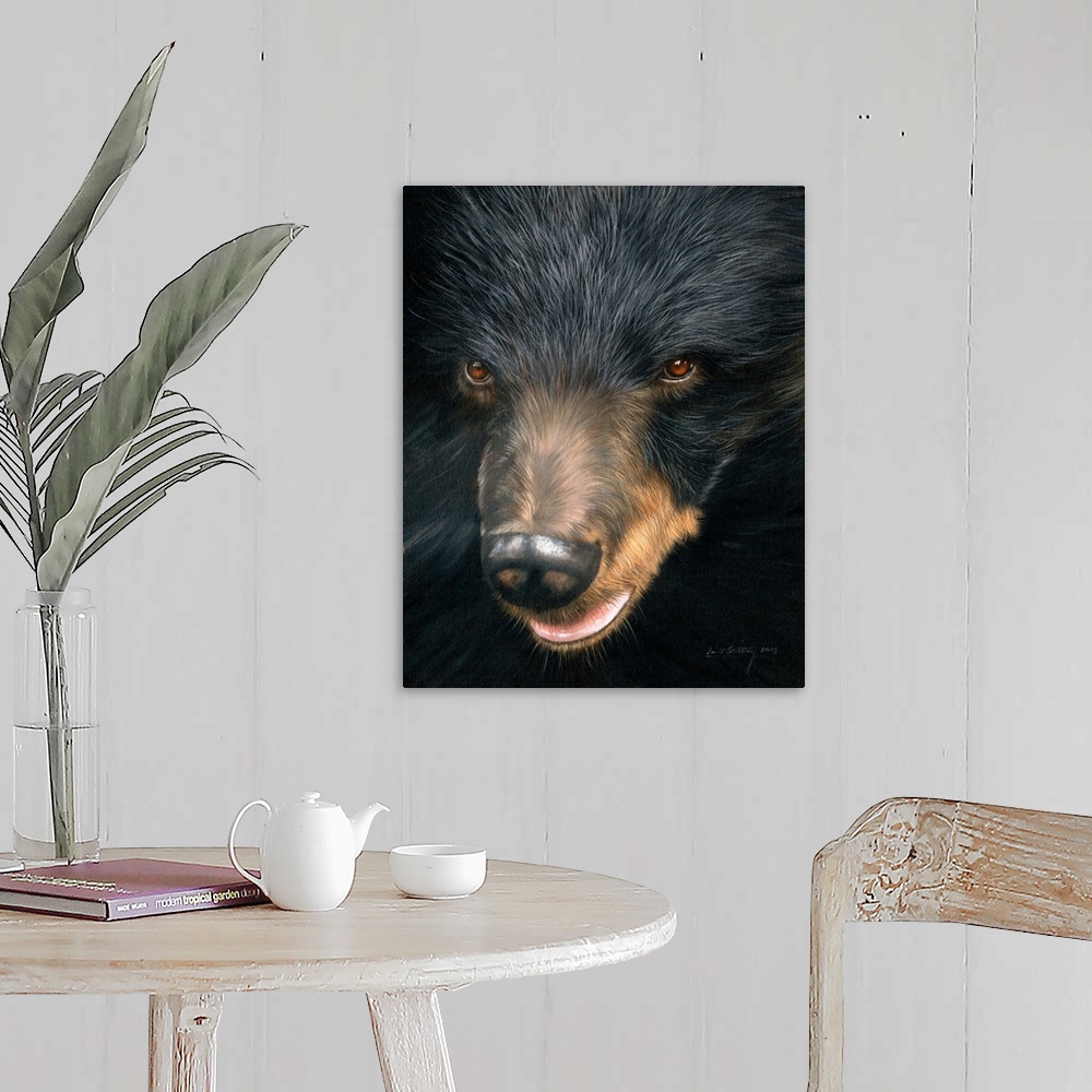 A farmhouse room featuring Contemporary painting of a black bear face close-up.
