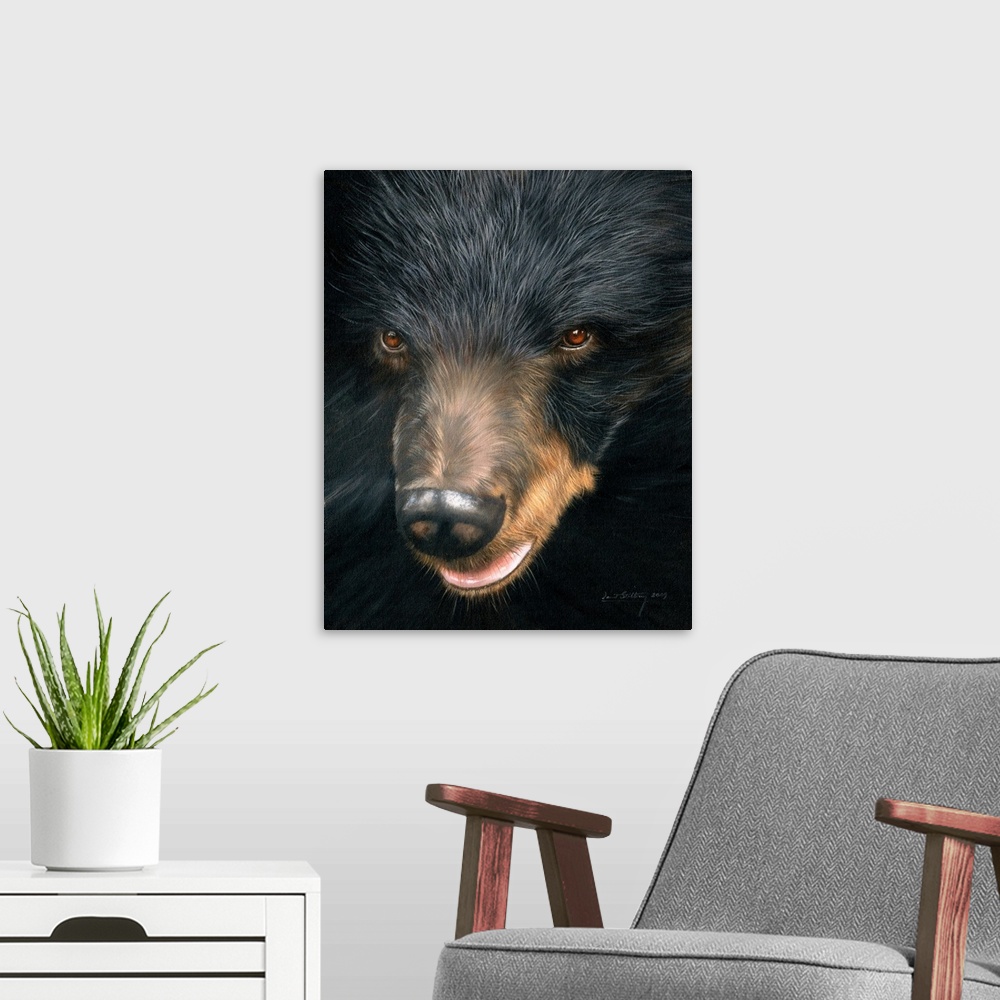 A modern room featuring Contemporary painting of a black bear face close-up.