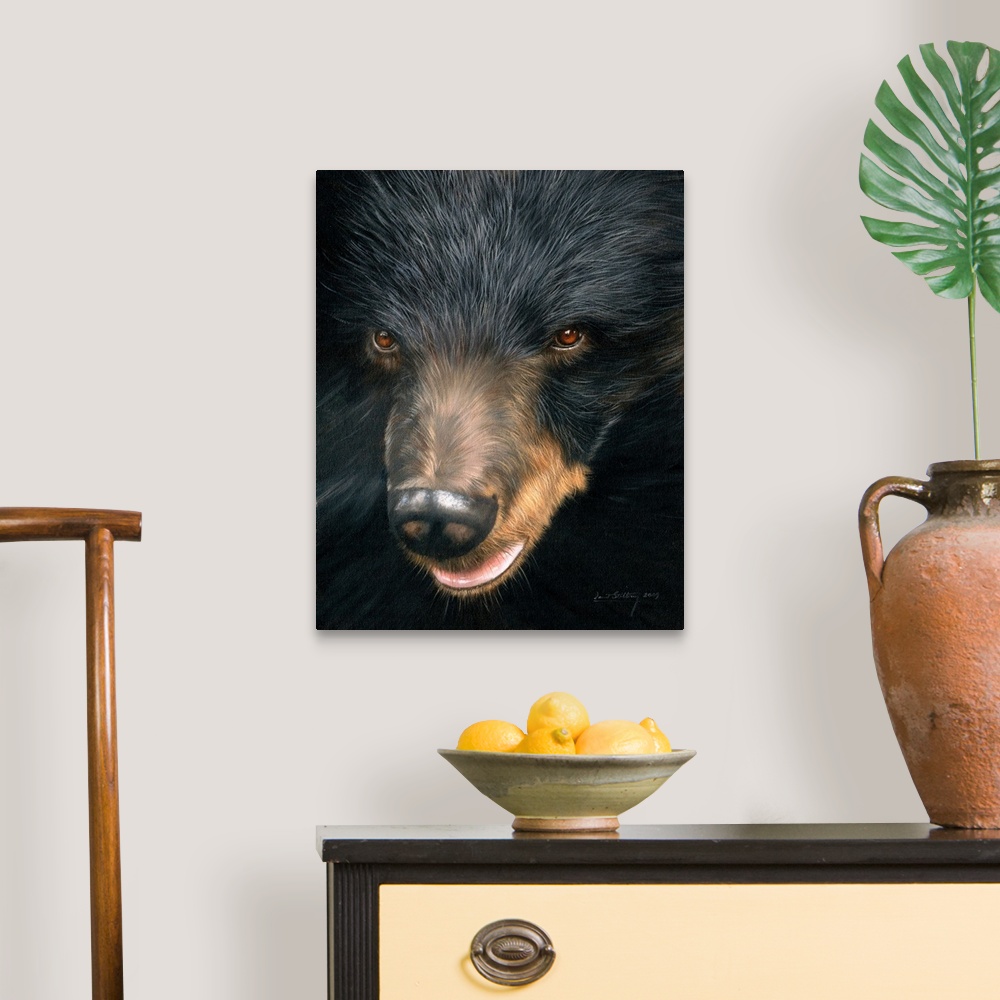 A traditional room featuring Contemporary painting of a black bear face close-up.
