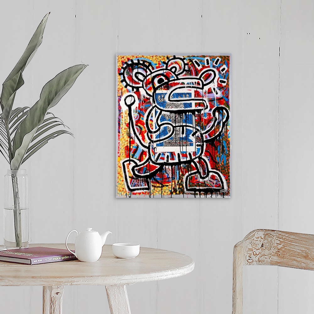 A farmhouse room featuring Contemporary abstract painting of a mouse like figure in an urban art spray can style.