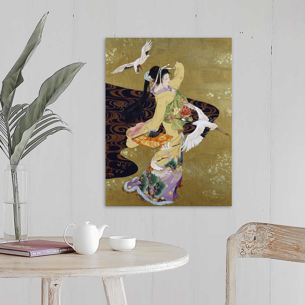 A farmhouse room featuring Contemporary colorful Asian art of a Geisha in beautiful ornate clothing.