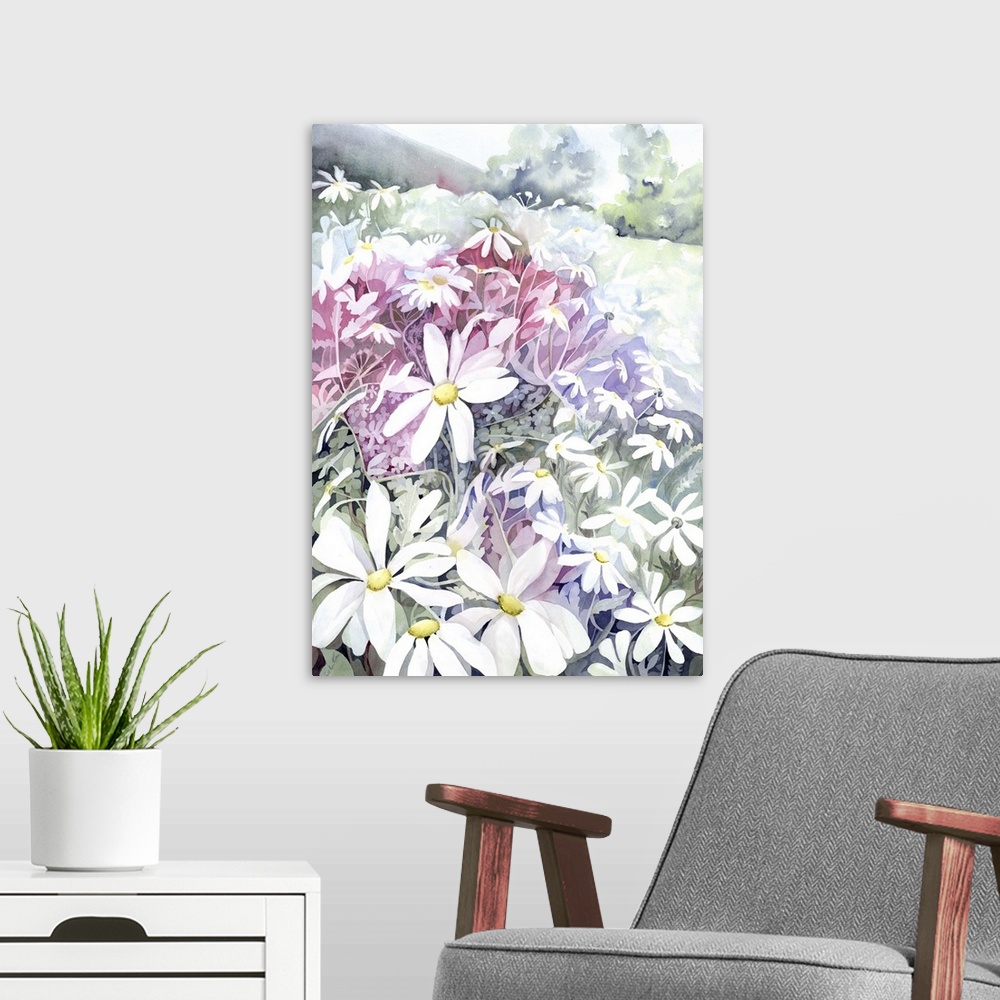 A modern room featuring Watercolor artwork of a field of flowers.