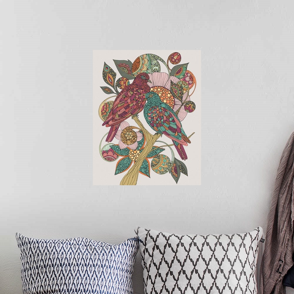 A bohemian room featuring Stunning illustration of two Turtle doves sitting on a branch surrounded by leaves and paisley sw...