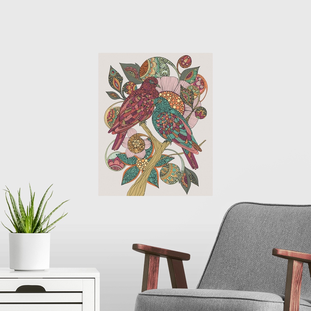 A modern room featuring Stunning illustration of two Turtle doves sitting on a branch surrounded by leaves and paisley sw...