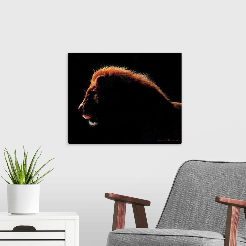A modern room featuring African Lion at twilight painted in oil paints on canvas.