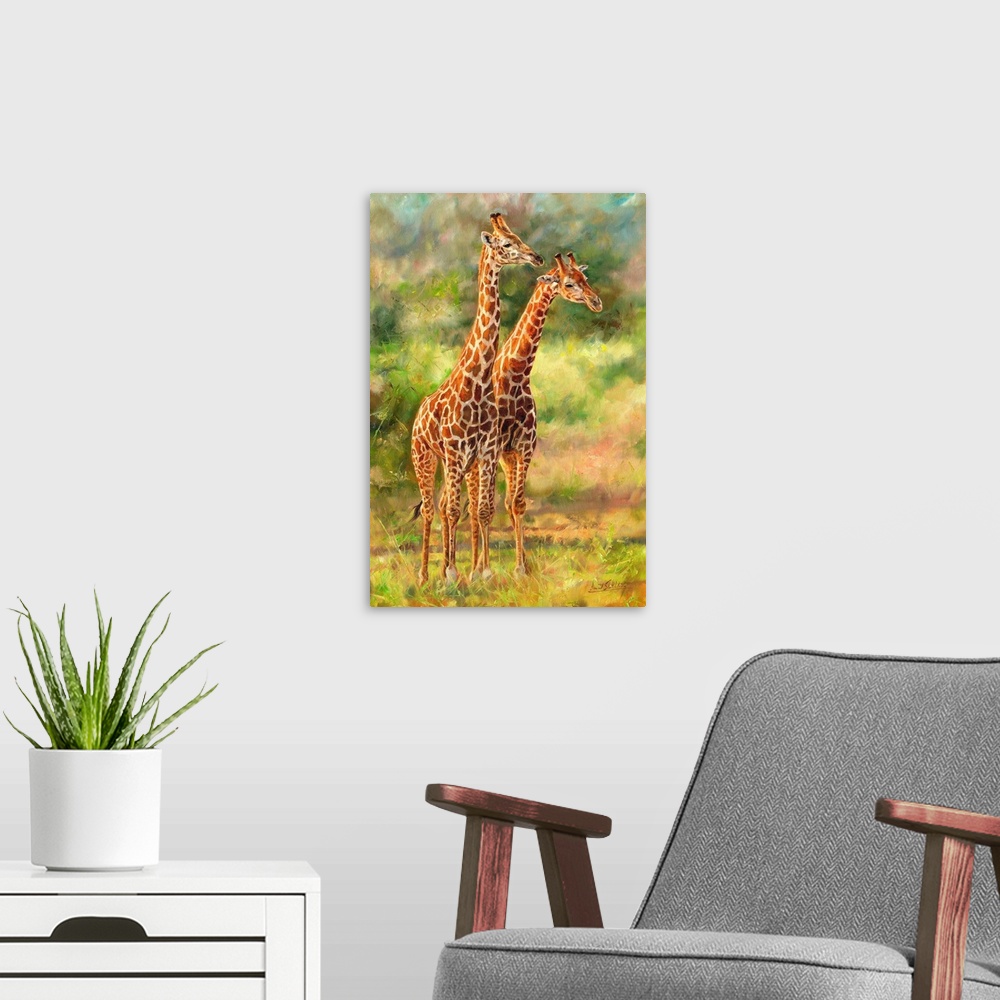 A modern room featuring Pair of Giraffes, oil on canvas.