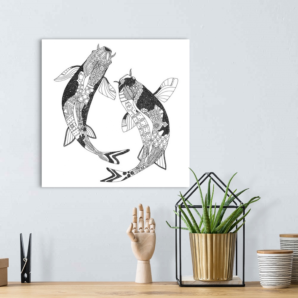 A bohemian room featuring Two swimming koi fish with geometric patterns.