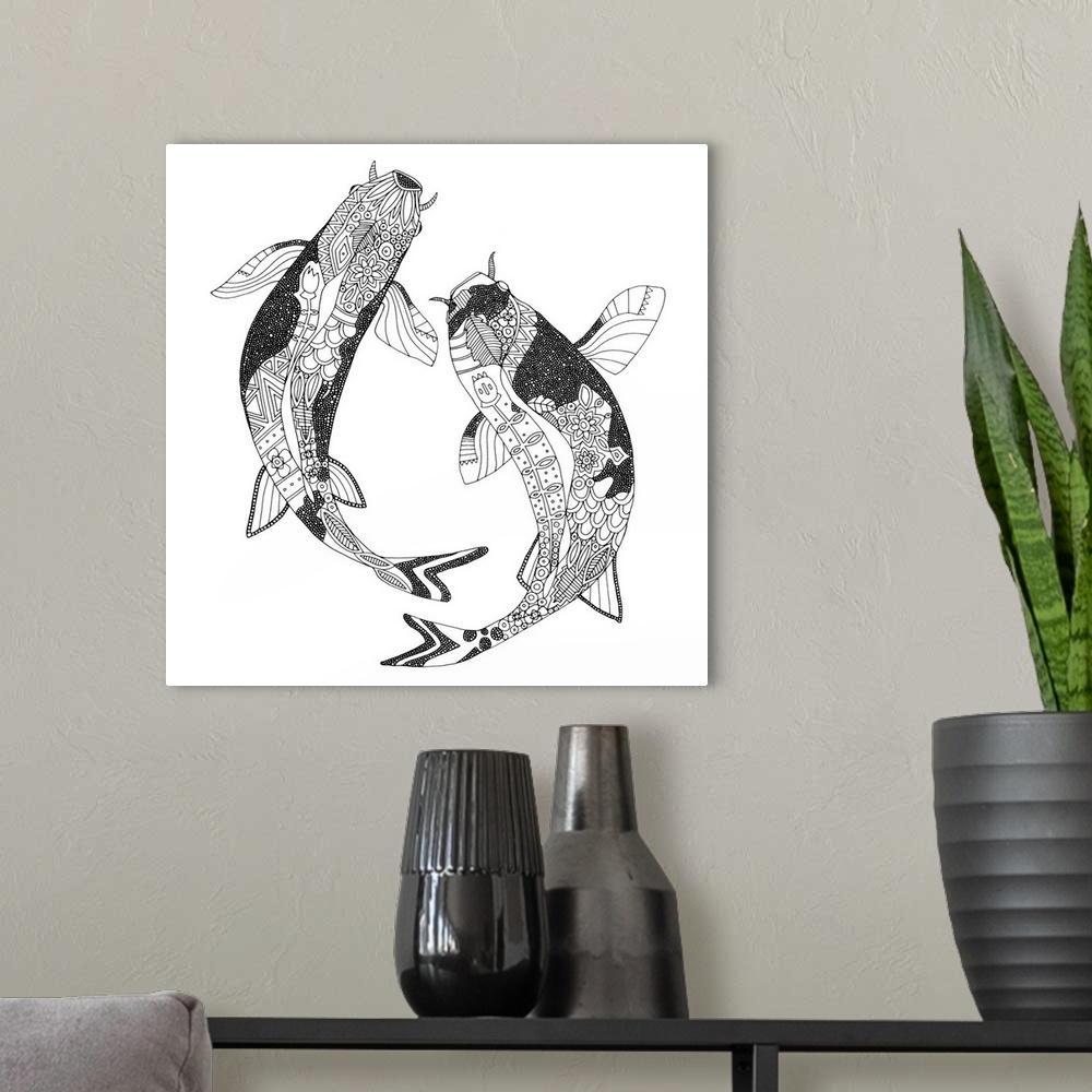A modern room featuring Two swimming koi fish with geometric patterns.