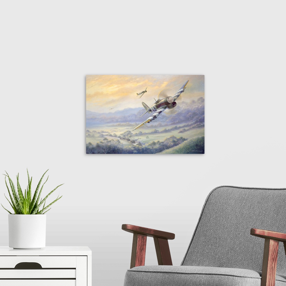 A modern room featuring Contemporary artwork of military fighter planes flying over a rural landscape with tank caravan m...
