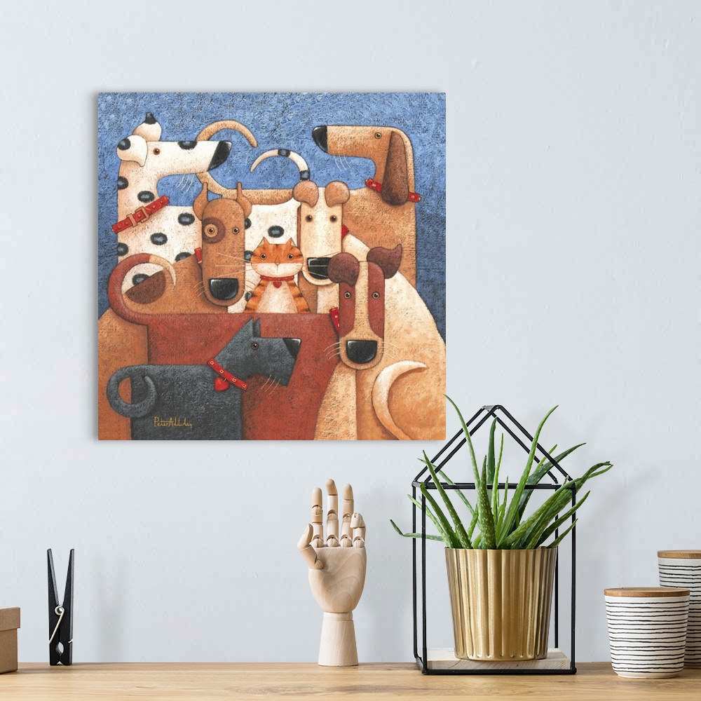 A bohemian room featuring Contemporary painting of a group of dogs all huddled together, with a a cat poking its head out f...