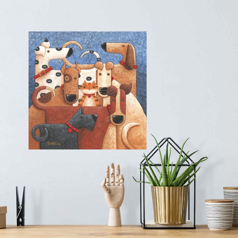 A bohemian room featuring Contemporary painting of a group of dogs all huddled together, with a a cat poking its head out f...
