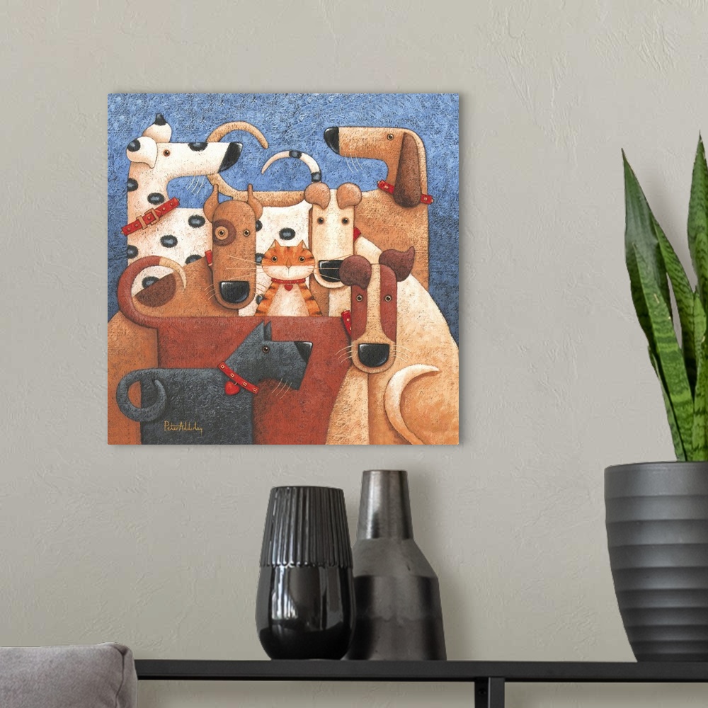 A modern room featuring Contemporary painting of a group of dogs all huddled together, with a a cat poking its head out f...