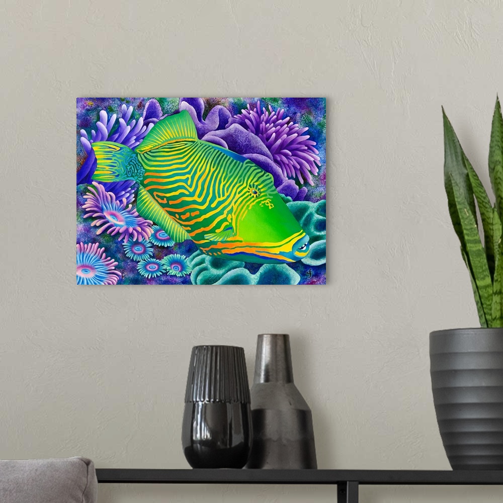 A modern room featuring Contemporary tropical themed artwork using bold vibrant colors.