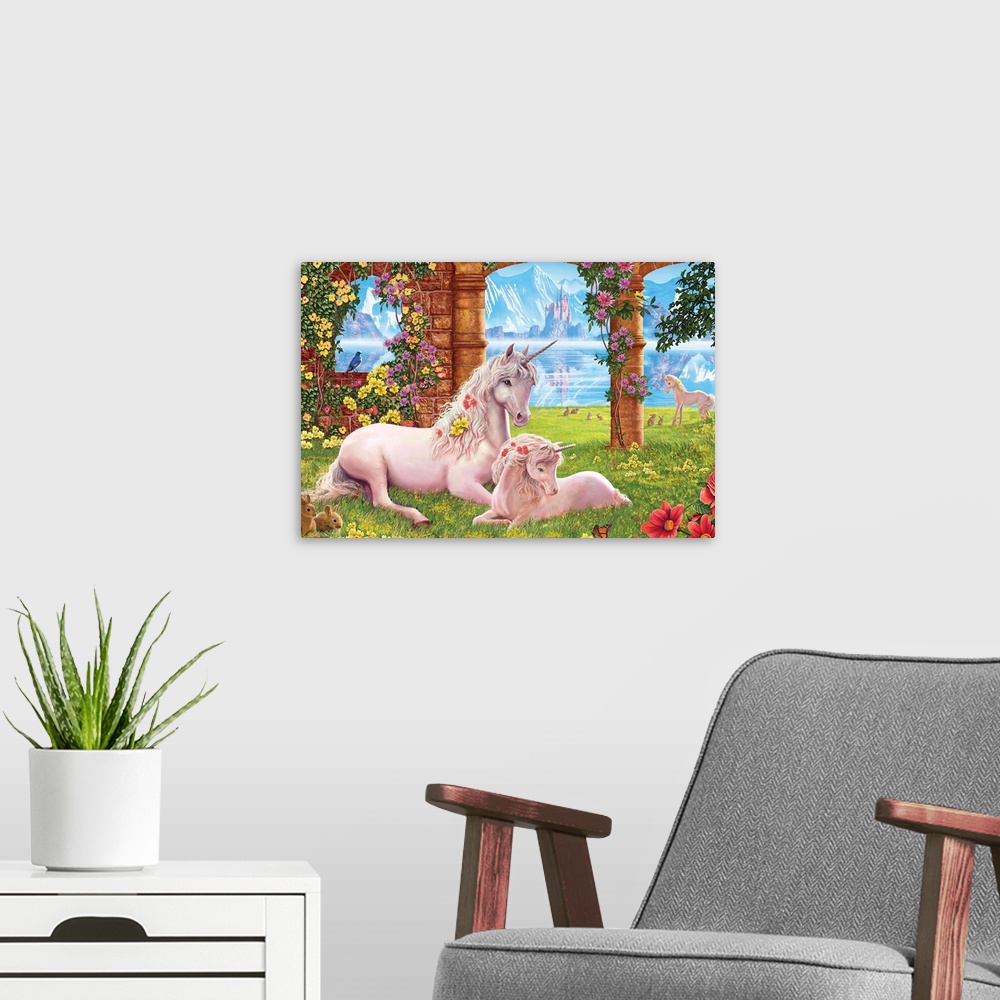 A modern room featuring Unicorn mother and foal lying down in an old fantasy garden with a lake and mountains.