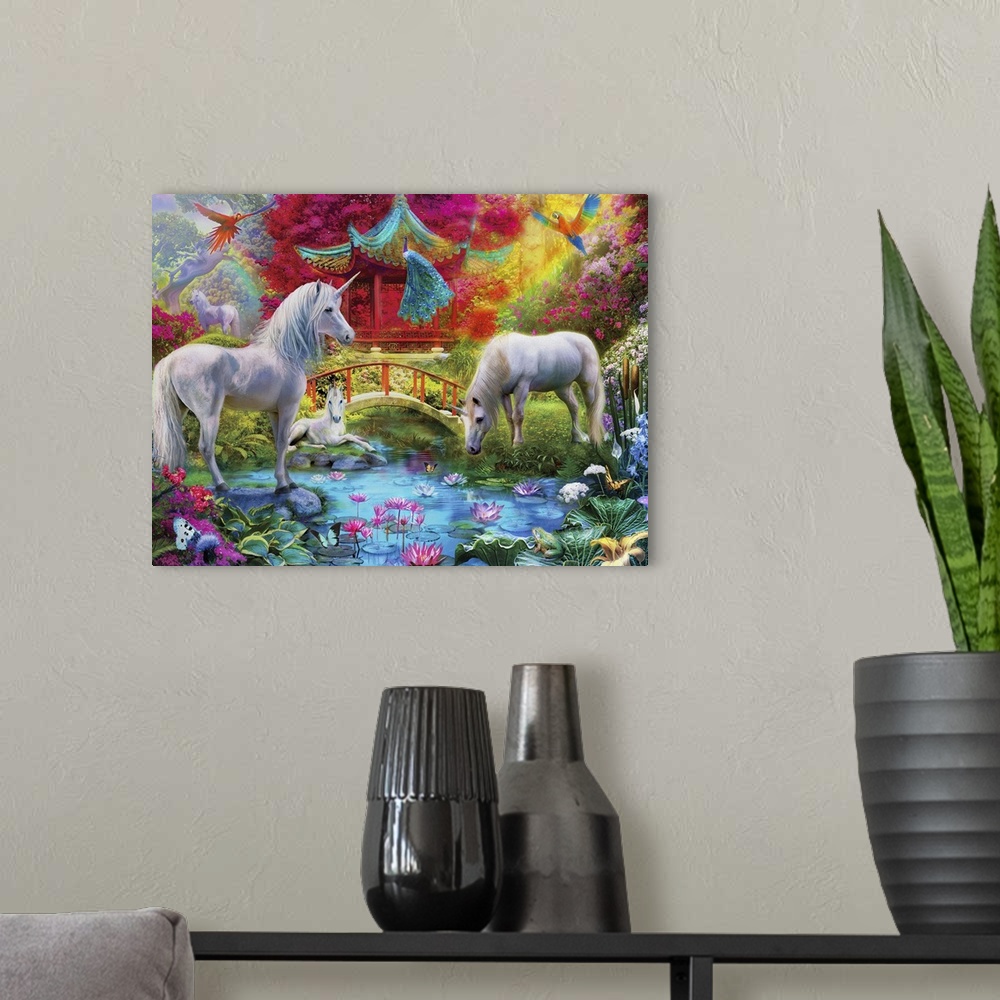 A modern room featuring Fantasy illustration of unicorns at a pond filled with lily pads and lotus flowers with a bridge ...