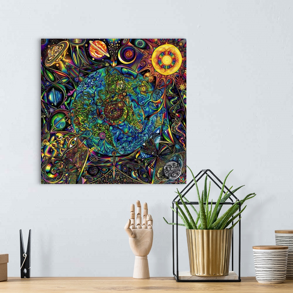 A bohemian room featuring Square, intricate, psychedelic, illustration of the universe with Earth in the center surrounded ...