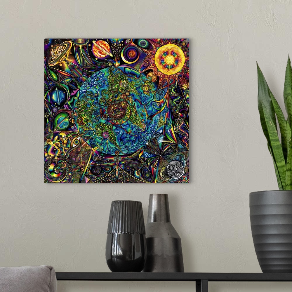 A modern room featuring Square, intricate, psychedelic, illustration of the universe with Earth in the center surrounded ...