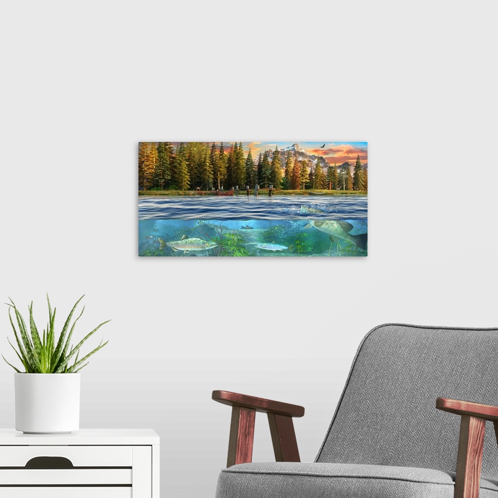 A modern room featuring Illustration of an above and below view of the mountain lake.
