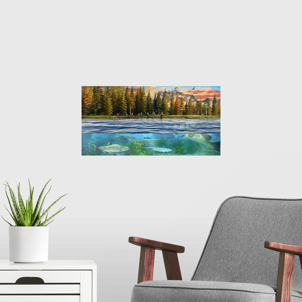 A modern room featuring Illustration of an above and below view of the mountain lake.