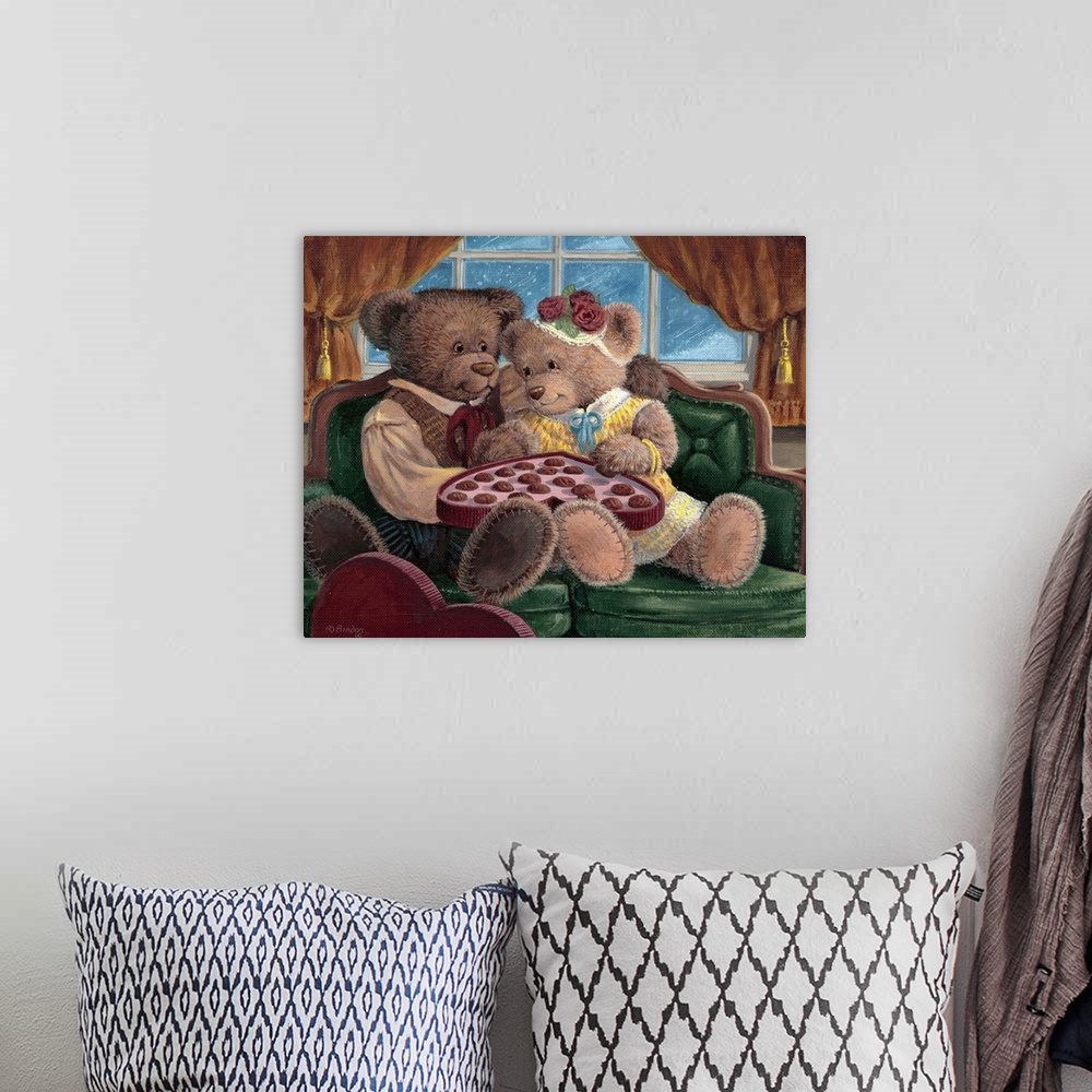 A bohemian room featuring Two teddy bears sharing a giant candy filled heart for Valentines day.