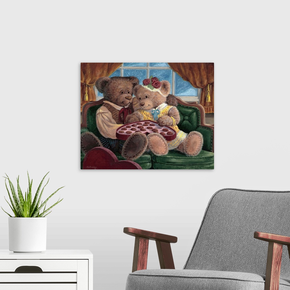 A modern room featuring Two teddy bears sharing a giant candy filled heart for Valentines day.