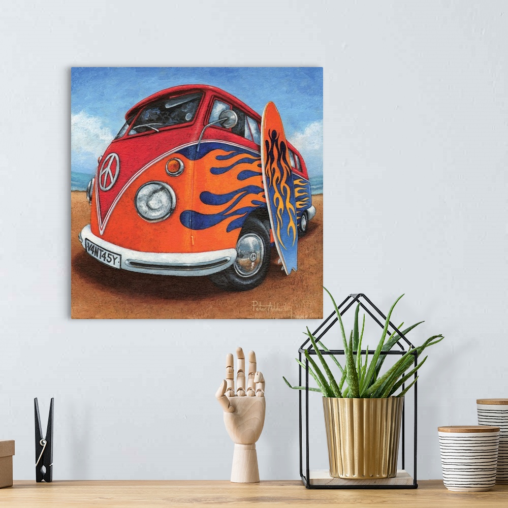 A bohemian room featuring Contemporary painting of a retro VW bus with bright red flames painted on the side, with a surfbo...