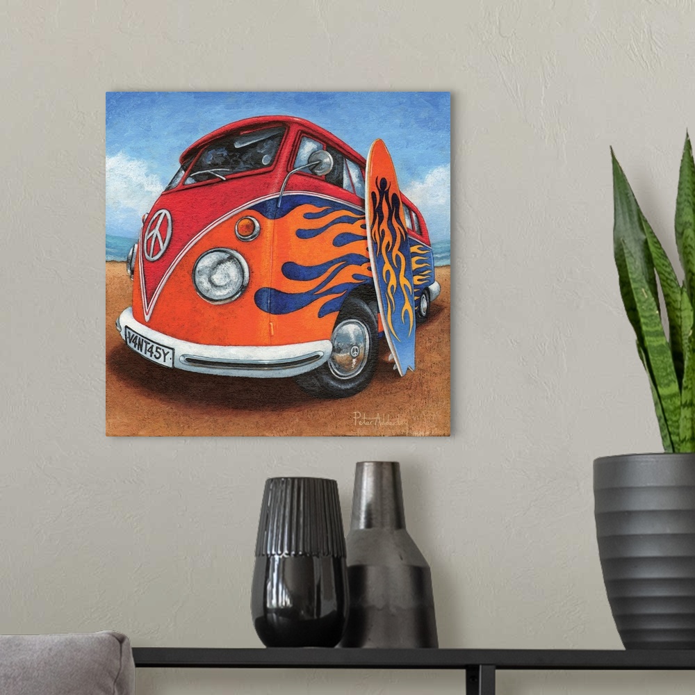 A modern room featuring Contemporary painting of a retro VW bus with bright red flames painted on the side, with a surfbo...