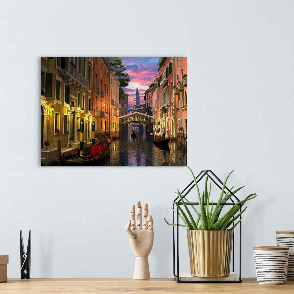 A bohemian room featuring A photograph of a quiet, historic canal filled with gondolas maneuvering in the twilight on this ...